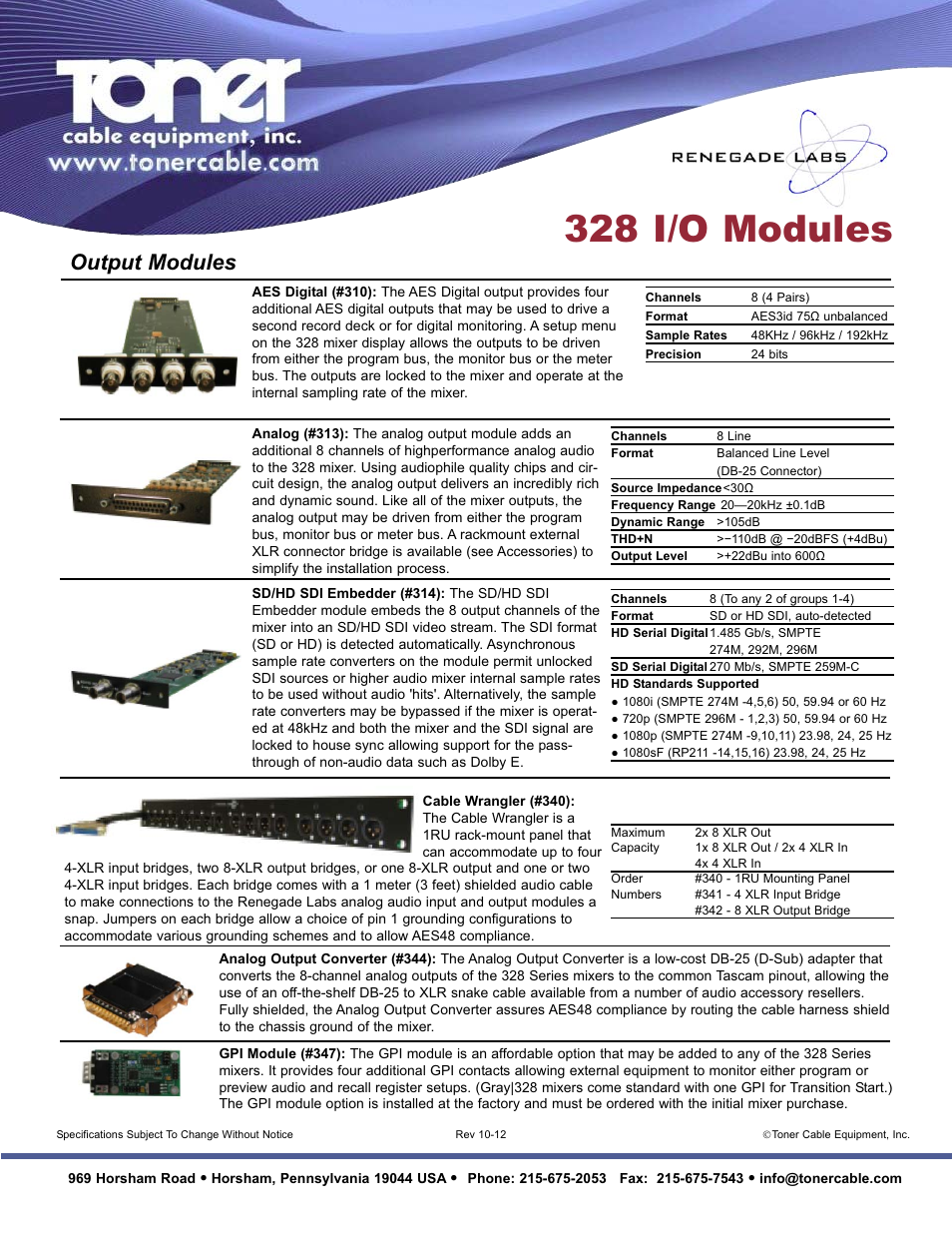 328 i/o modules, Output modules | Toner Cable AES Digital #300 328 lnput-Output Modules User Manual | Page 2 / 2