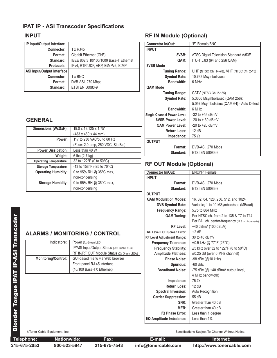 Ipat ip - asi transcoder specifications, Blonder t ongue ip a t ip-asi t ranscoder, Rf out module (optional) | Toner Cable IPAT IP-ASI Transcoder 1xGbE _ 1xASI User Manual | Page 2 / 2