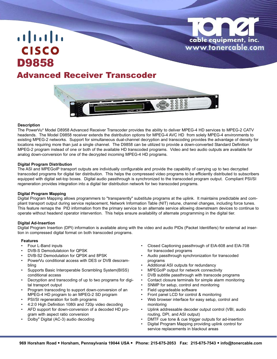 Toner Cable D9858 Advanced Receiver Transcoder User Manual | 2 pages