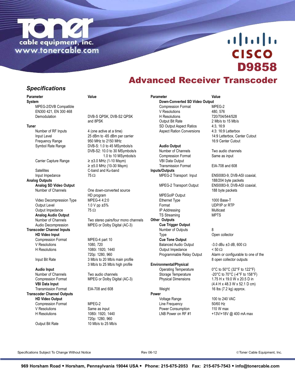 D9858, Advanced receiver transcoder, Specifications | Toner Cable D9858 Advanced Receiver Transcoder User Manual | Page 2 / 2