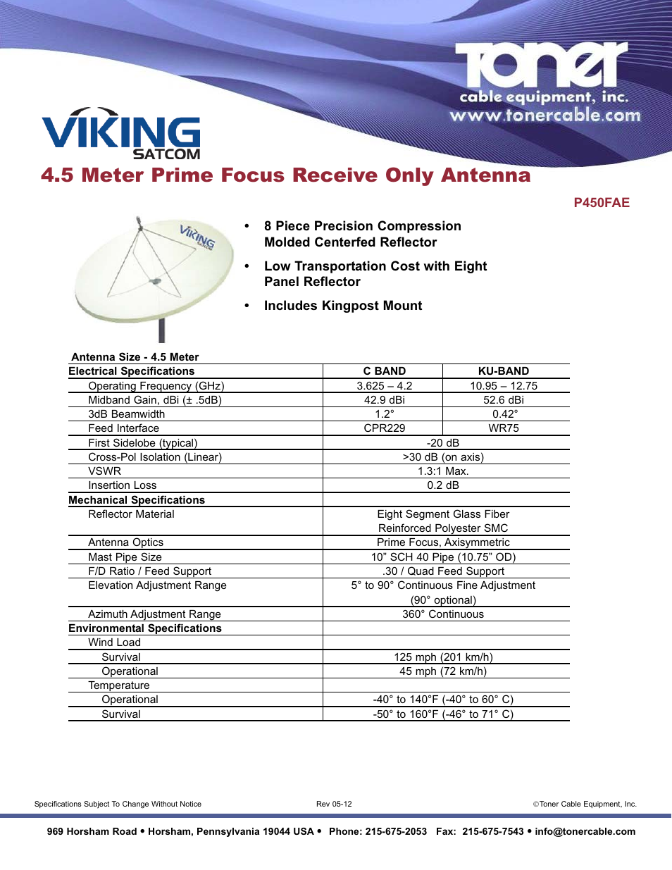 Toner Cable P450FAE 4.5 Meter Prime Focus Receive Only Antenna User Manual | 1 page