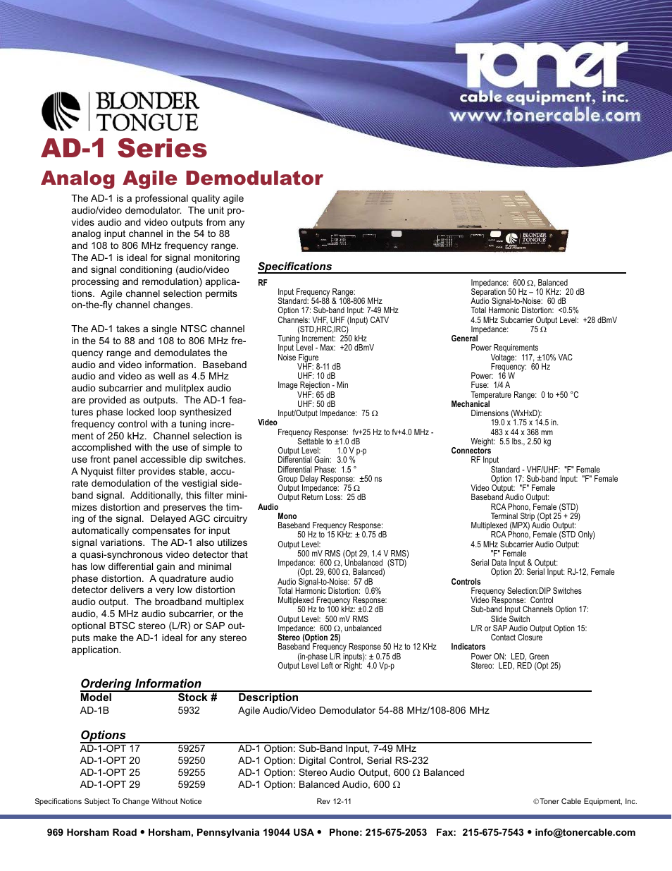Toner Cable AD-1 5932 Analog Agile Demodulator User Manual | 1 page