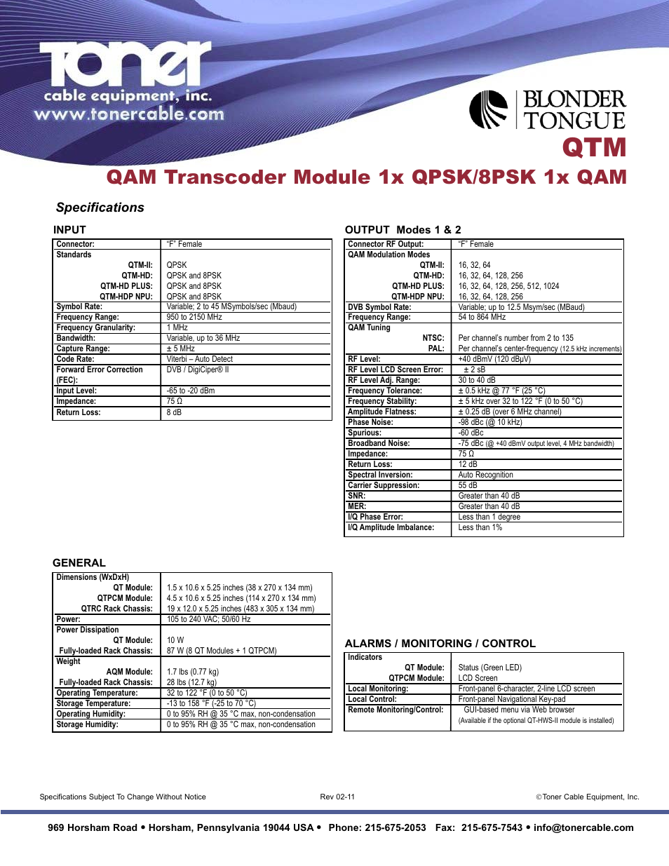 Qam transcoder module 1x qpsk/8psk 1x qam, Specifications | Toner Cable QTM QAM Transcoder Module 1x QPSK _ 8PSK 1x QAM User Manual | Page 2 / 2