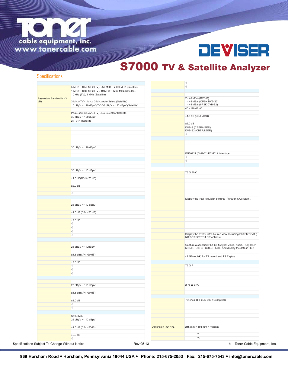 S70 00, Tv & satellite analyzer, Specifications | 969 horsham road | Toner Cable S7000 TV & Satellite Analyzer User Manual | Page 2 / 2