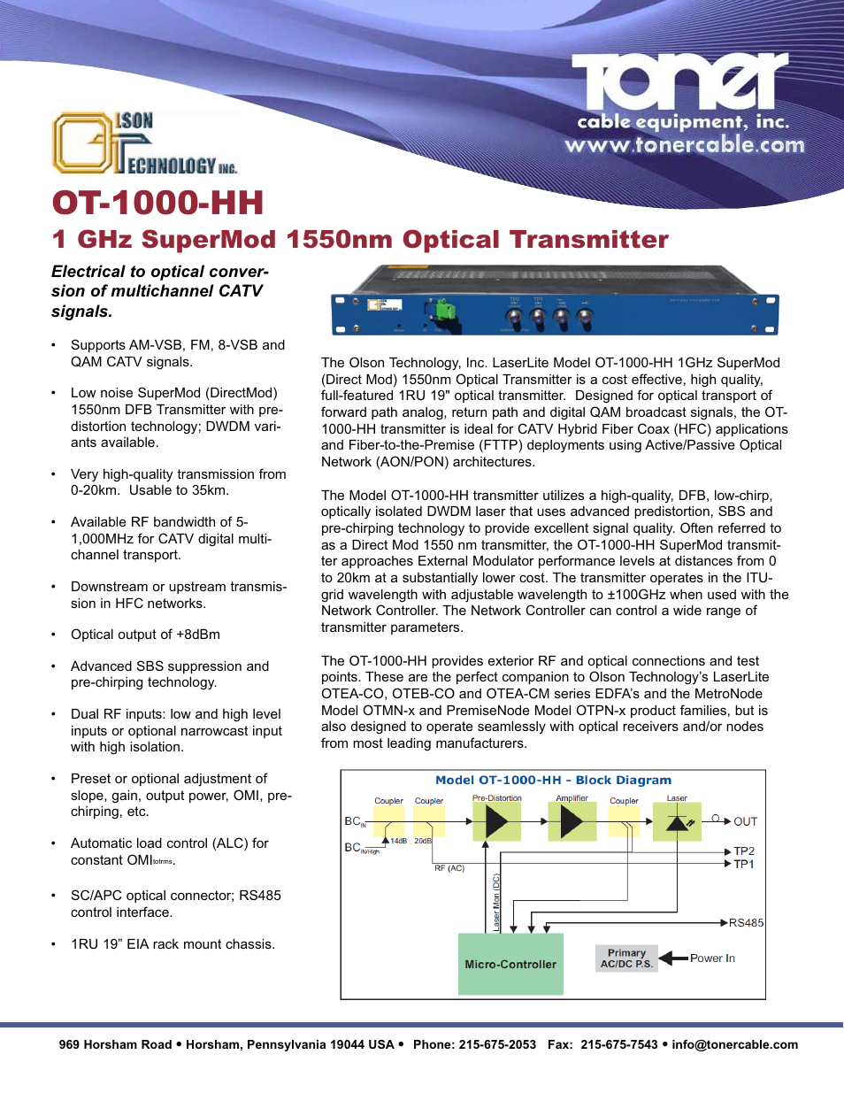 Toner Cable OT-1000-HH 1 GHz SuperMod 1550nm Optical Transmitter User Manual | 2 pages