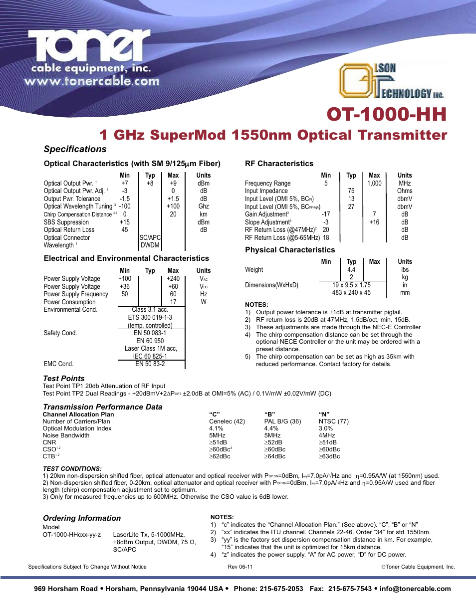 Ot-1000-hh, Specifications | Toner Cable OT-1000-HH 1 GHz SuperMod 1550nm Optical Transmitter User Manual | Page 2 / 2