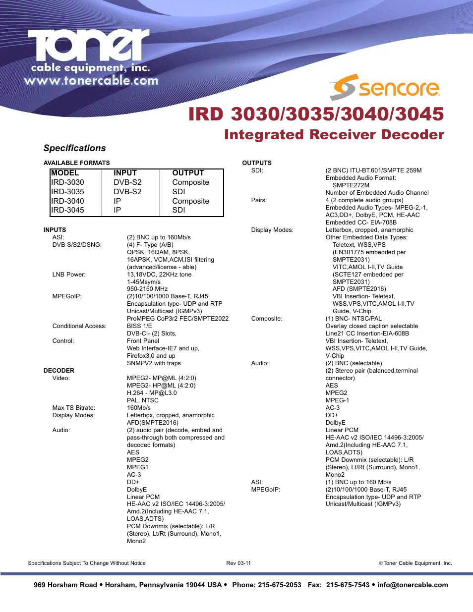 Integrated receiver decoder, Specifications | Toner Cable IRD 3045 Integrated Receiver Decoder User Manual | Page 2 / 2