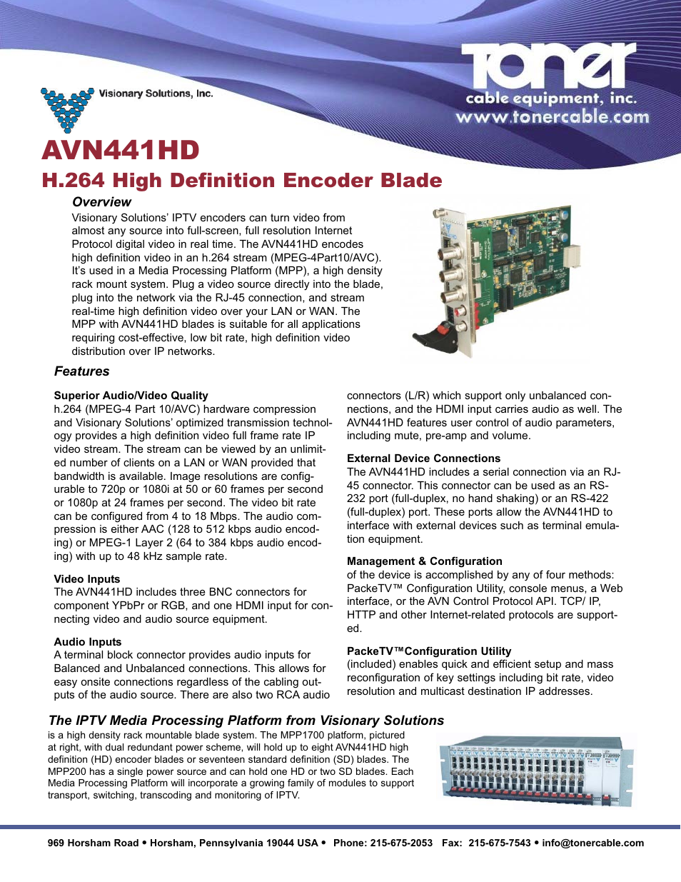Toner Cable AVN441HD H.264 High Definition Encoder Blade User Manual | 2 pages