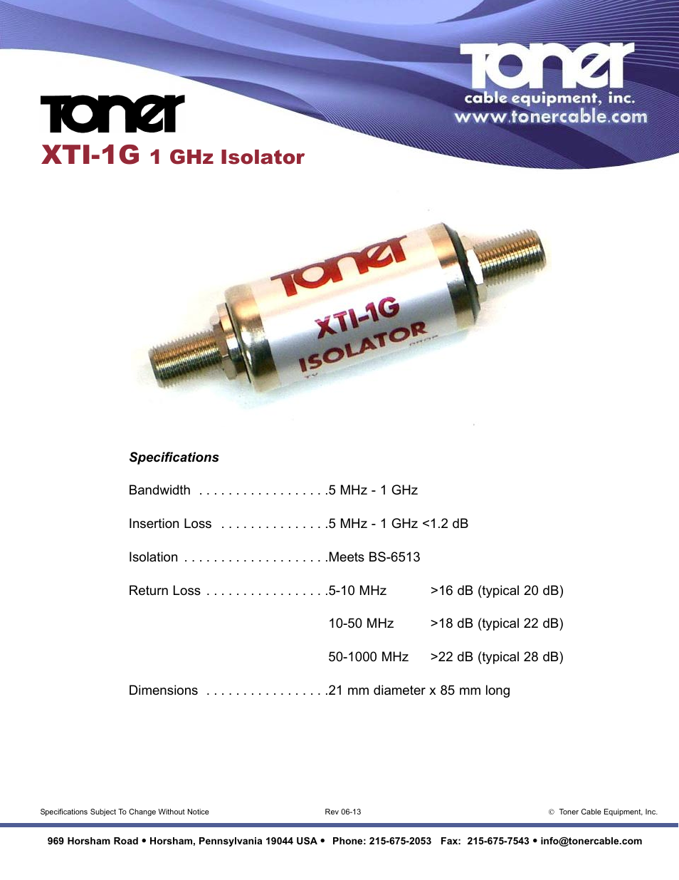Toner Cable XTI-1G 1 GHz Isolator User Manual | 1 page