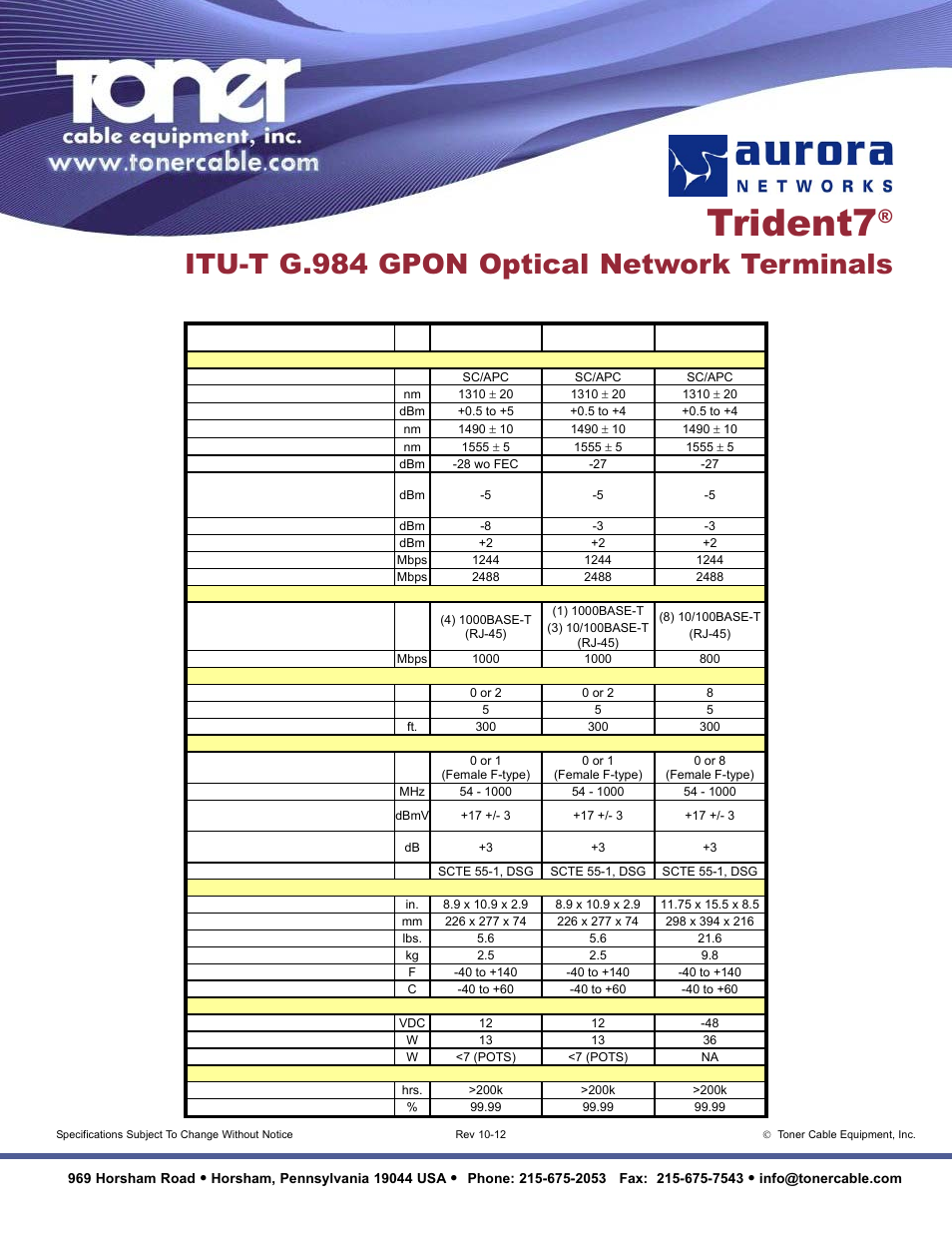 Trident7, Itu-t g.984 gpon optical network terminals, Itu-t g.984 gpon ont specifications (outdoor onts) | Toner Cable Trident7 ITU-T G.984 GPON Optical Network Terminals User Manual | Page 2 / 3