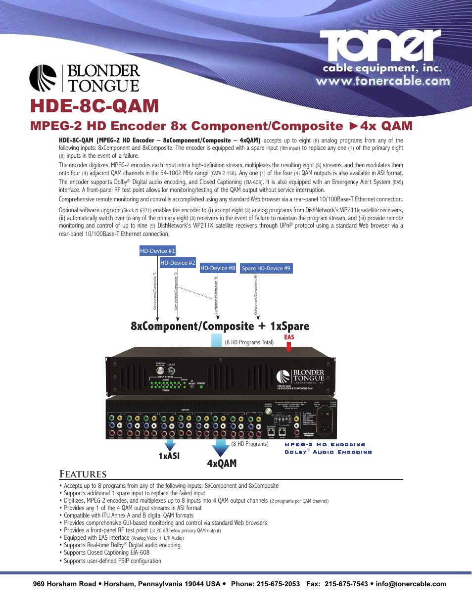 Toner Cable HDE-8C-QAM MPEG-2 HD Encoder 8x Component_Composite >4x QAM User Manual | 2 pages