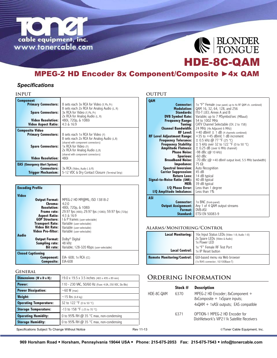 Hde- 8c- qam, Mpeg-2 hd encoder 8x component/composite ►4x qam, Ordering information | Specifications | Toner Cable HDE-8C-QAM MPEG-2 HD Encoder 8x Component_Composite >4x QAM User Manual | Page 2 / 2