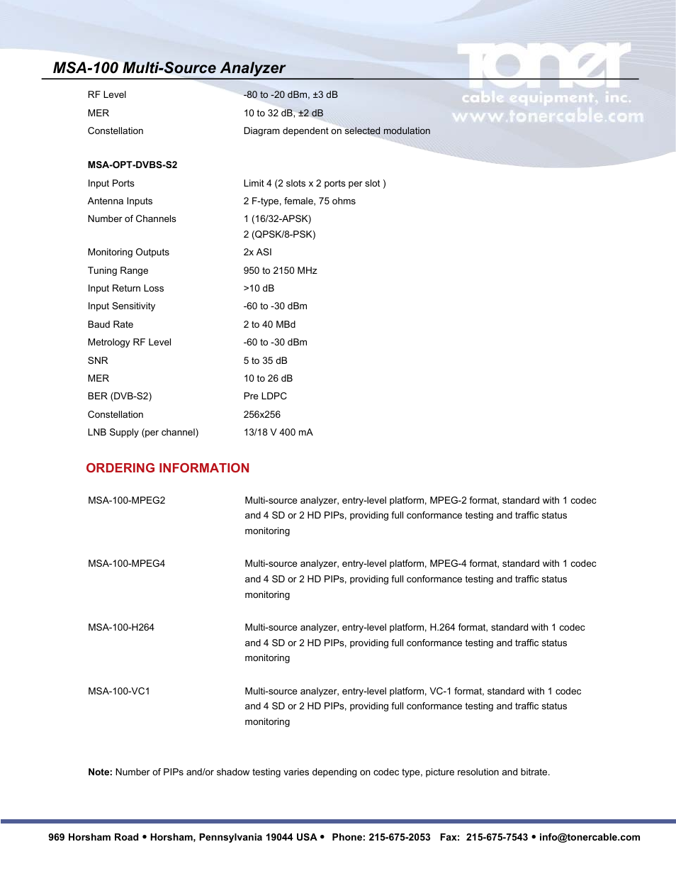 Msa-100 multi-source analyzer, Ordering information | Toner Cable MSA-100 Multi-Source Analyzer User Manual | Page 9 / 10