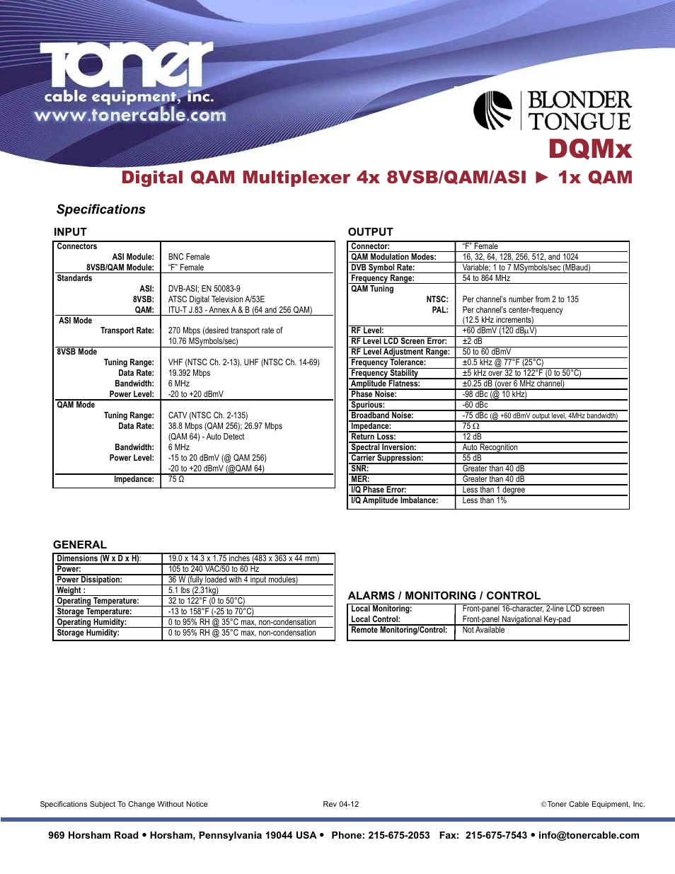 Dqmx, Digital qam multiplexer 4x 8vsb/qam/asi ► 1x qam, Specifications | Toner Cable DQMx Digital QAM Multiplexer User Manual | Page 2 / 2