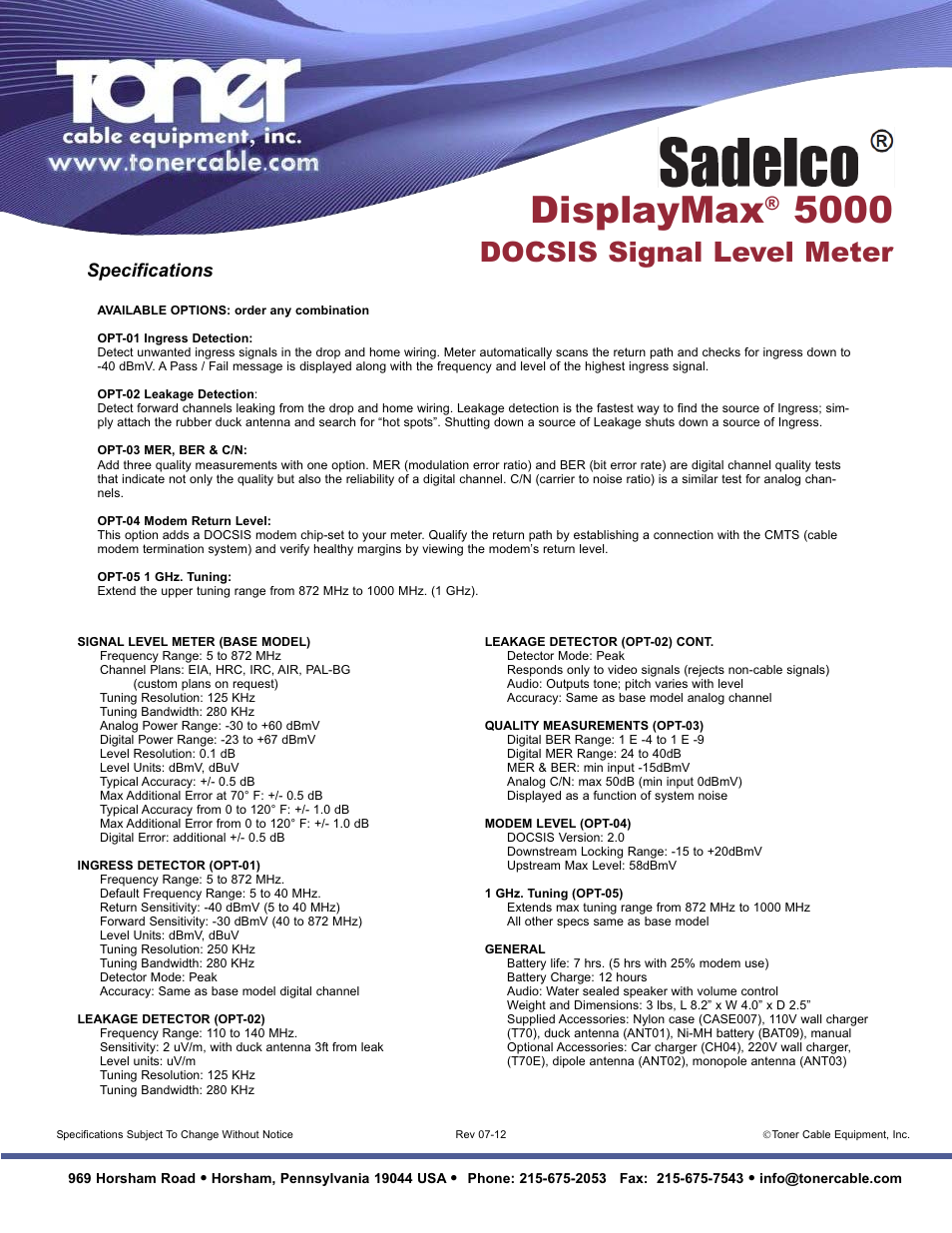 Displaymax, Docsis signal level meter, Specifications | Toner Cable DisplayMax 5000 Digital Signal Level Meter User Manual | Page 2 / 2
