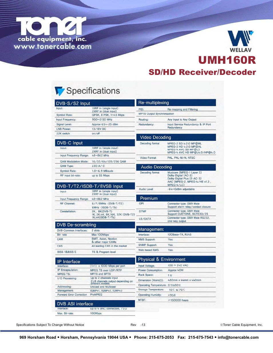 Umh160r, Sd/hd receiver/decoder | Toner Cable UMH160R SD-HD Integrated Reciever Decoder User Manual | Page 2 / 2