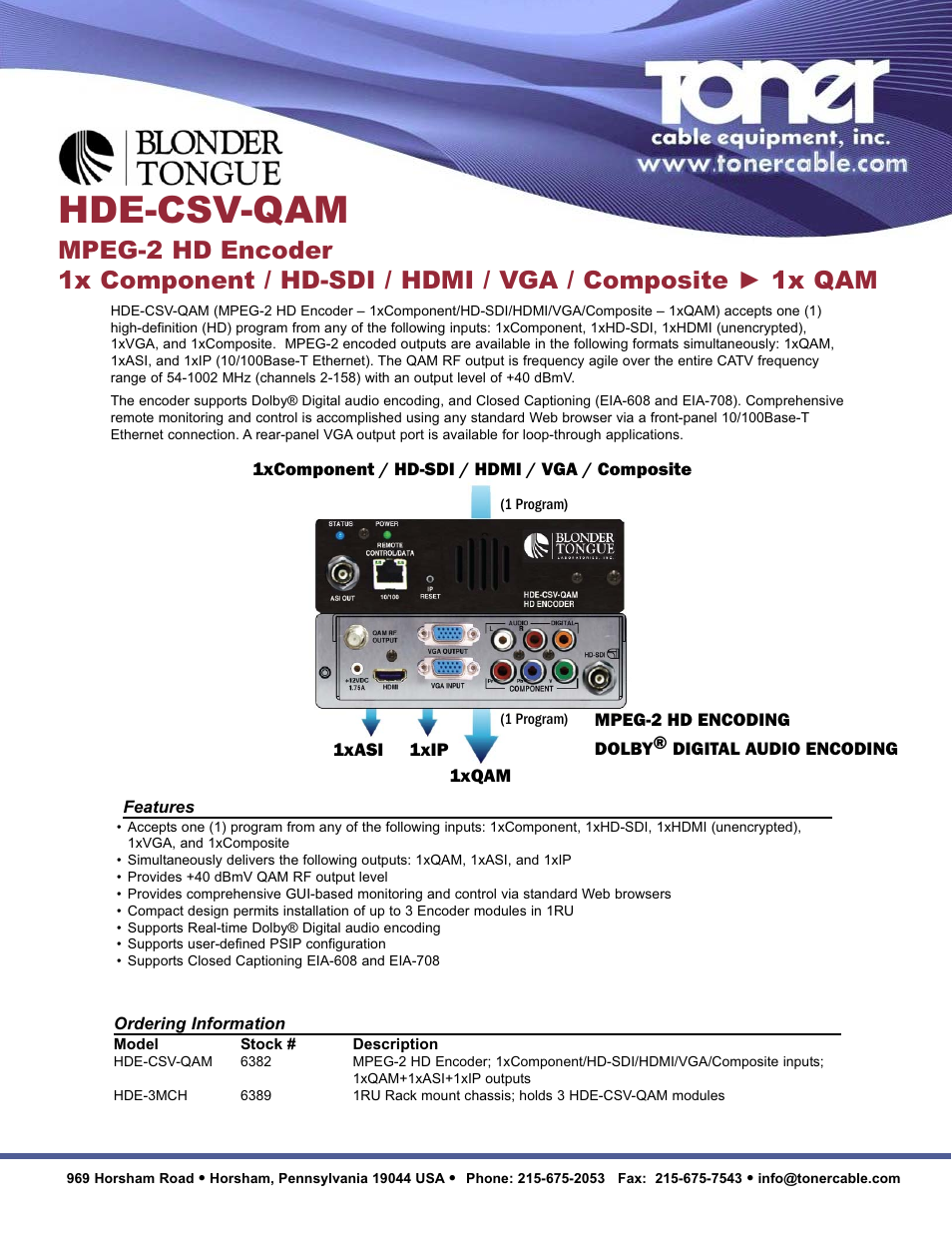 Toner Cable HDE-CSV-QAM MPEG-2 Encoder 1x Component _ HD-SDI _ HDMI _ VGA _ Composite - 1x QAM User Manual | 2 pages