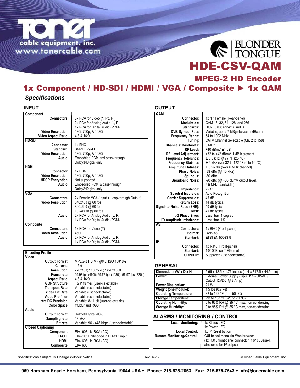 Hde-csv-qam, Specifications | Toner Cable HDE-CSV-QAM MPEG-2 Encoder 1x Component _ HD-SDI _ HDMI _ VGA _ Composite - 1x QAM User Manual | Page 2 / 2