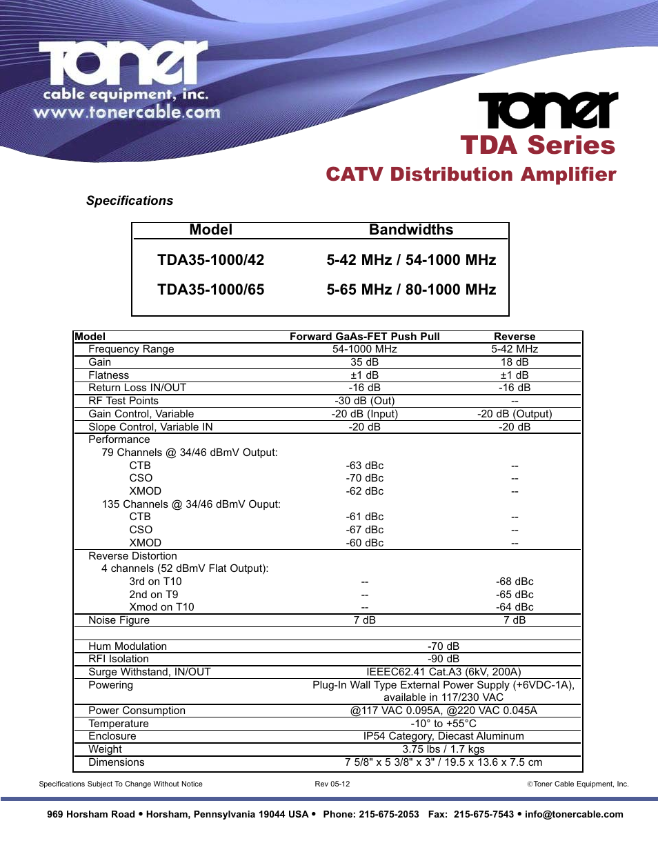 Tda series, Catv distribution amplifier | Toner Cable TDA35-1000 TDA Series CATV Distribution Amplifier User Manual | Page 2 / 2