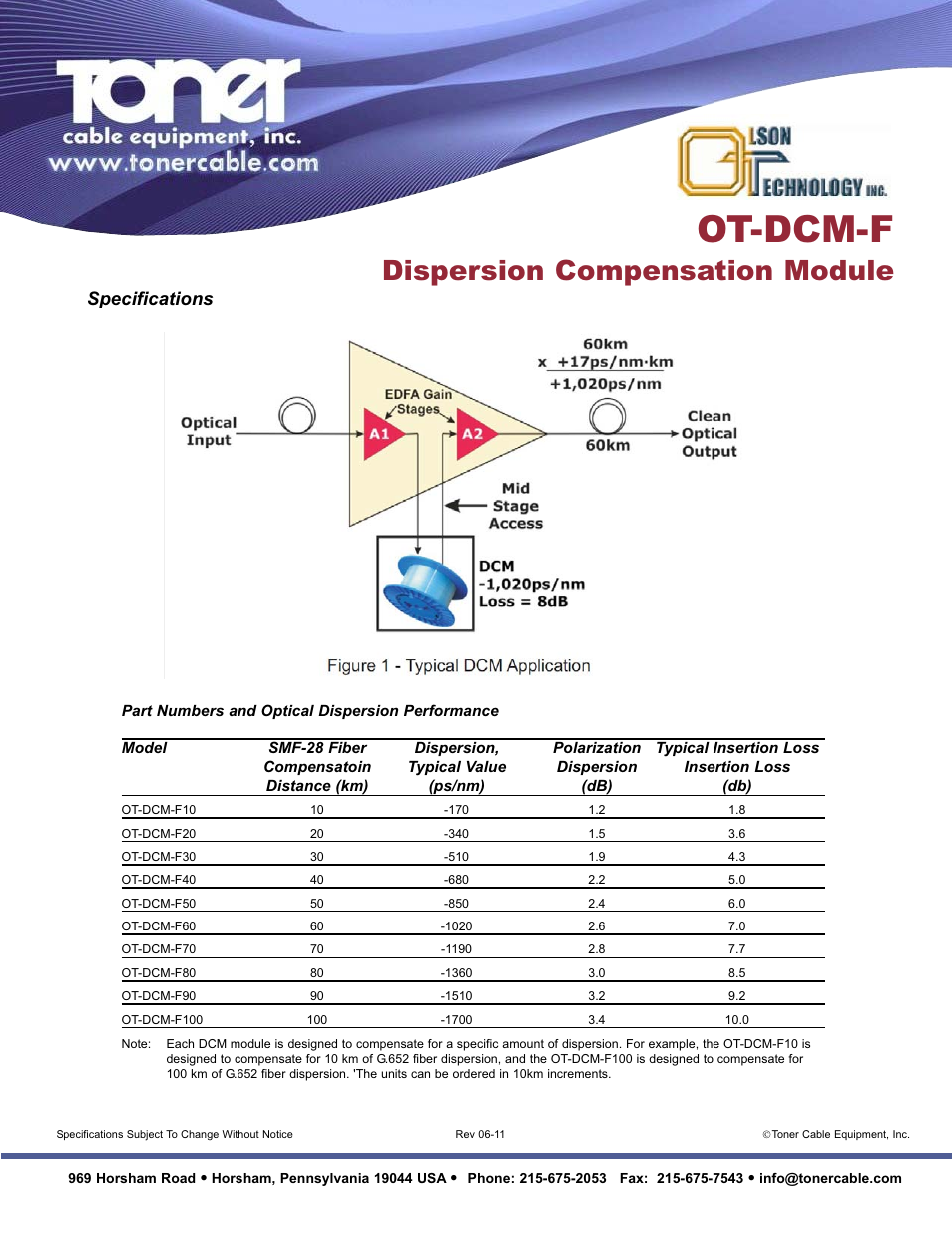 Ot-dcm-f, Dispersion compensation module, Specifications | Toner Cable OT-DCM-F Dispersion Compensation Module User Manual | Page 2 / 2