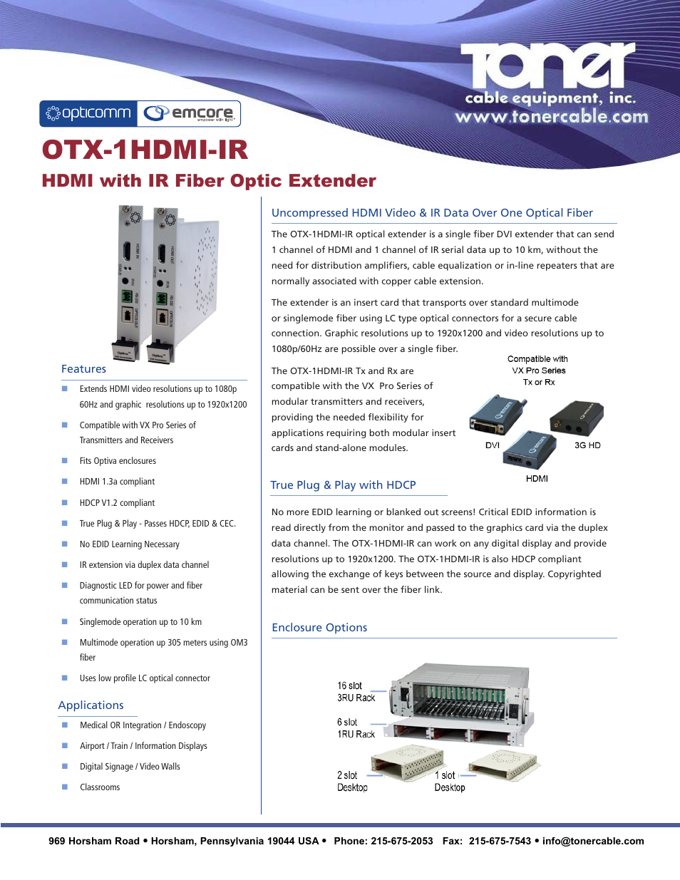 Toner Cable OTX-1HDMI-IR HDMI with IR Fiber Optic Extender User Manual | 2 pages