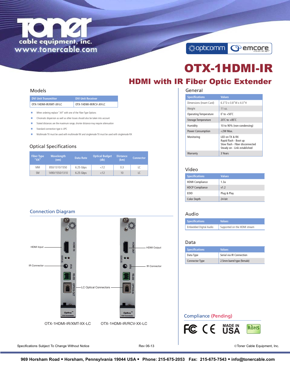 Otx-1hdmi-ir, Hdmi with ir fiber optic extender, Connection diagram general | Compliance (pending) models optical specifications, Data audio, Video, 969 horsham road | Toner Cable OTX-1HDMI-IR HDMI with IR Fiber Optic Extender User Manual | Page 2 / 2