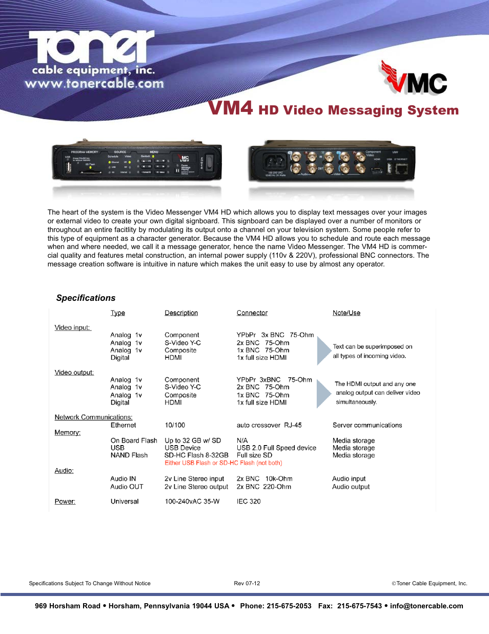 Hd video messaging system | Toner Cable VM4 HD Video Messaging System User Manual | Page 2 / 2