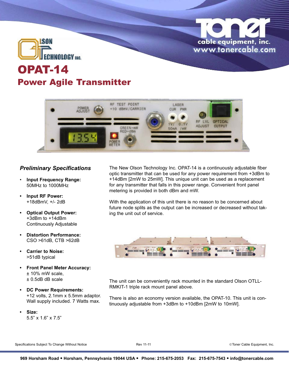 Toner Cable OPAT-14 Power Agile Transmitter User Manual | 1 page