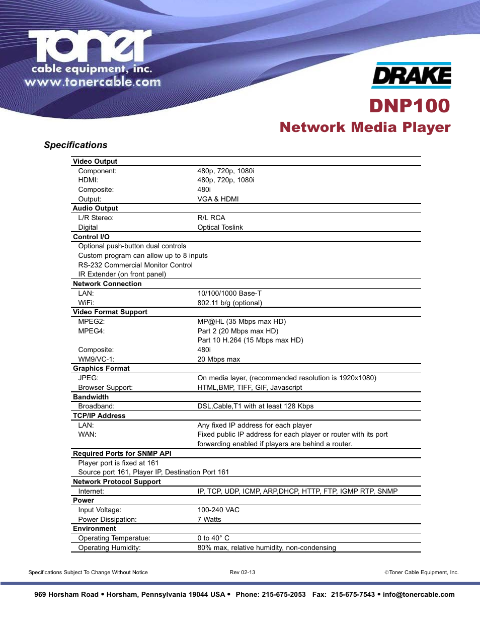 Dnp100, Network media player, Specifications | Toner Cable DNP100 Network Media Player User Manual | Page 2 / 2