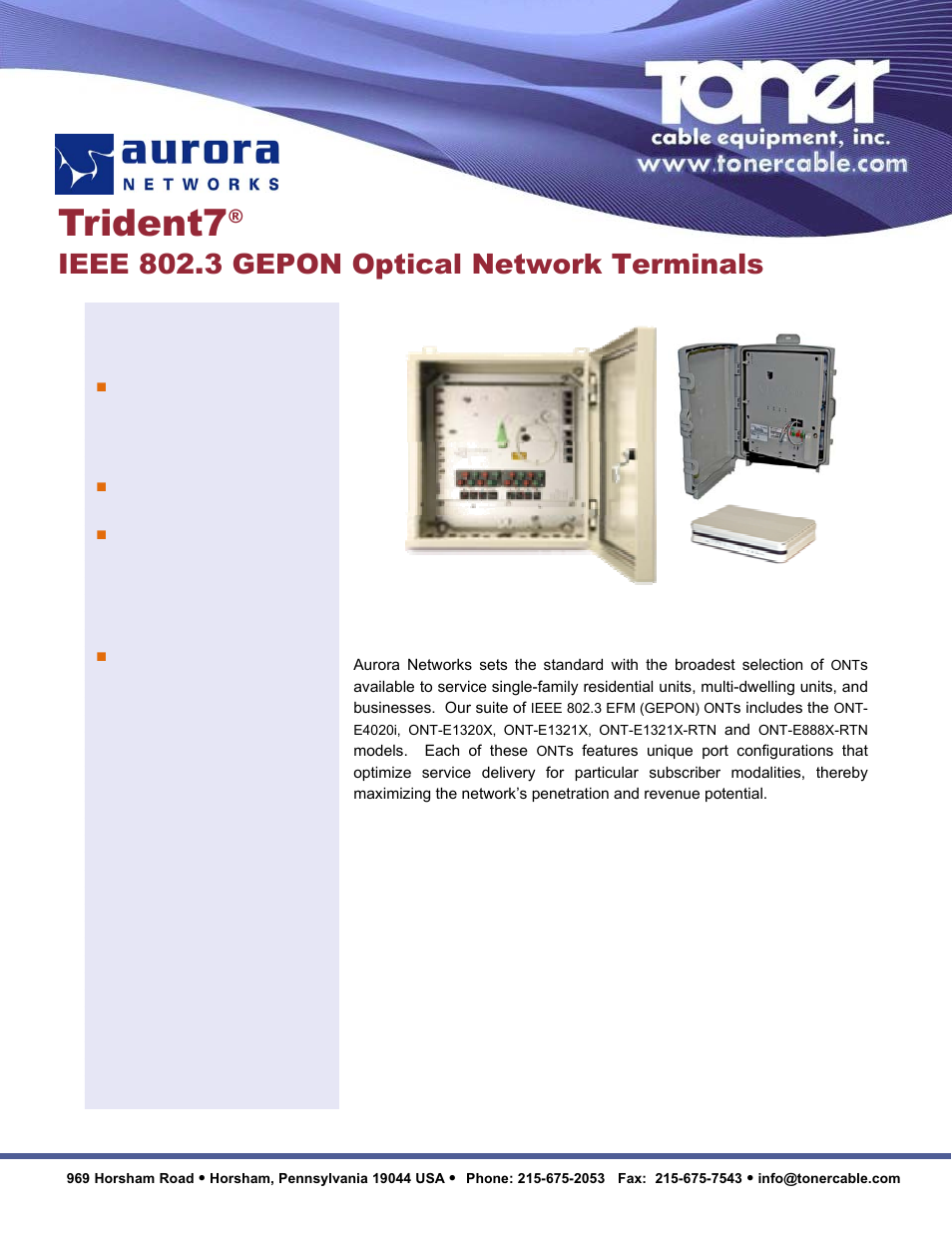 Toner Cable Trident7 IEEE 802.3 GEPON Optical Network Terminals User Manual | 3 pages