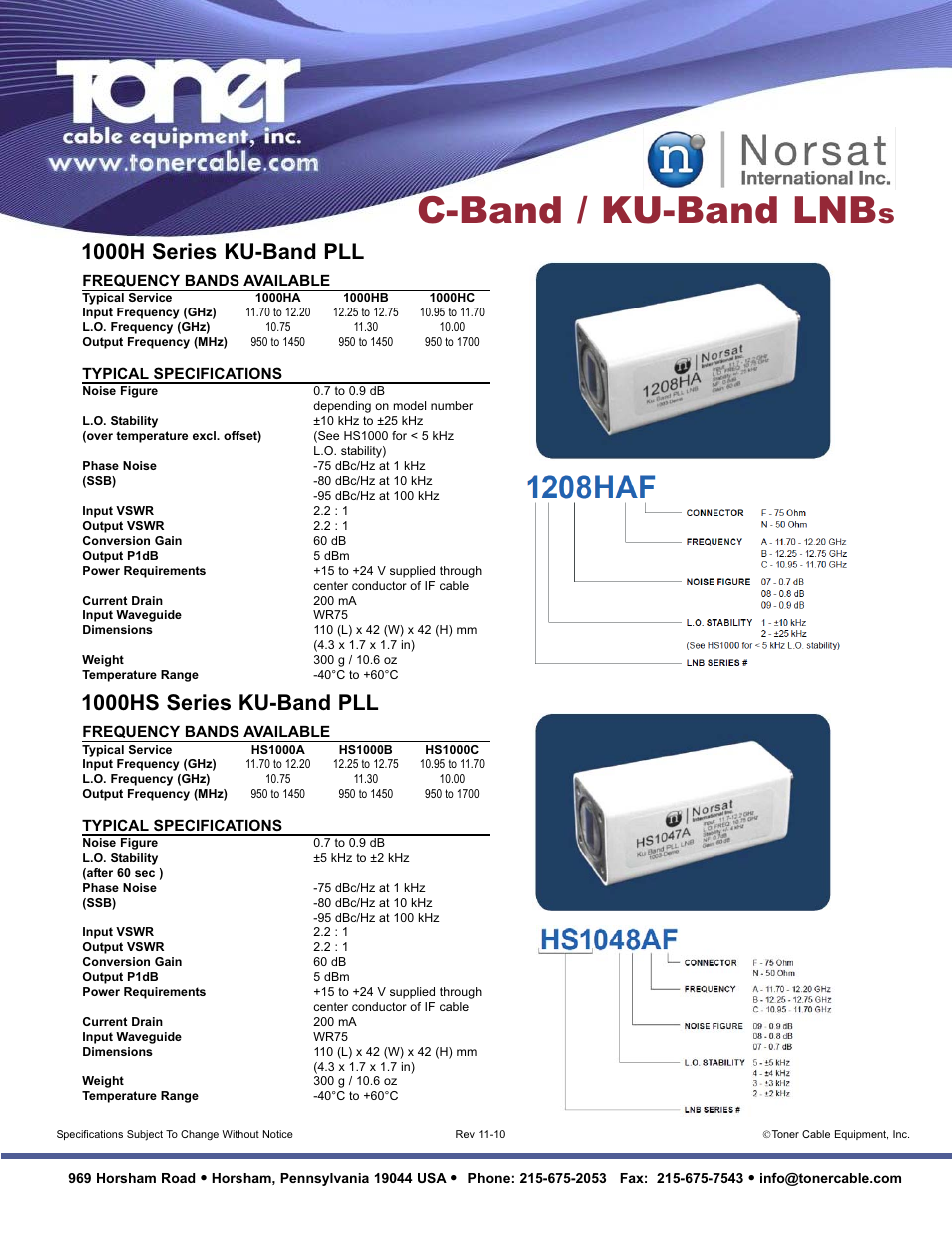 C-band / ku-band lnb, 1000h series ku-band pll, 1000hs series ku-band pll | Toner Cable 3000 Series Digital C-Band PLL LNB User Manual | Page 2 / 2