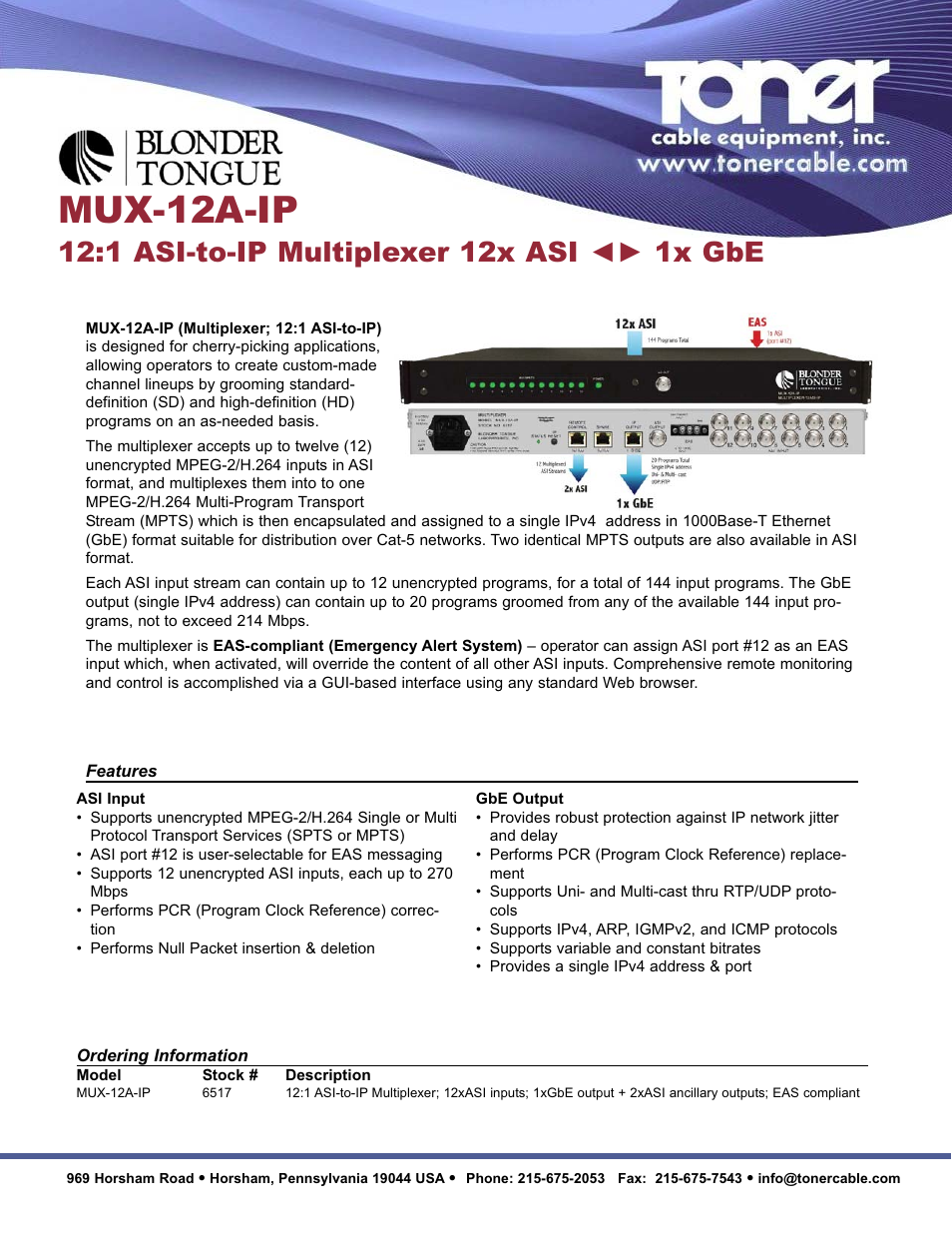 Toner Cable MUX-12A-IP 12:1 ASI-to-IP Multiplexer 12x ASI - 1x GbE User Manual | 2 pages