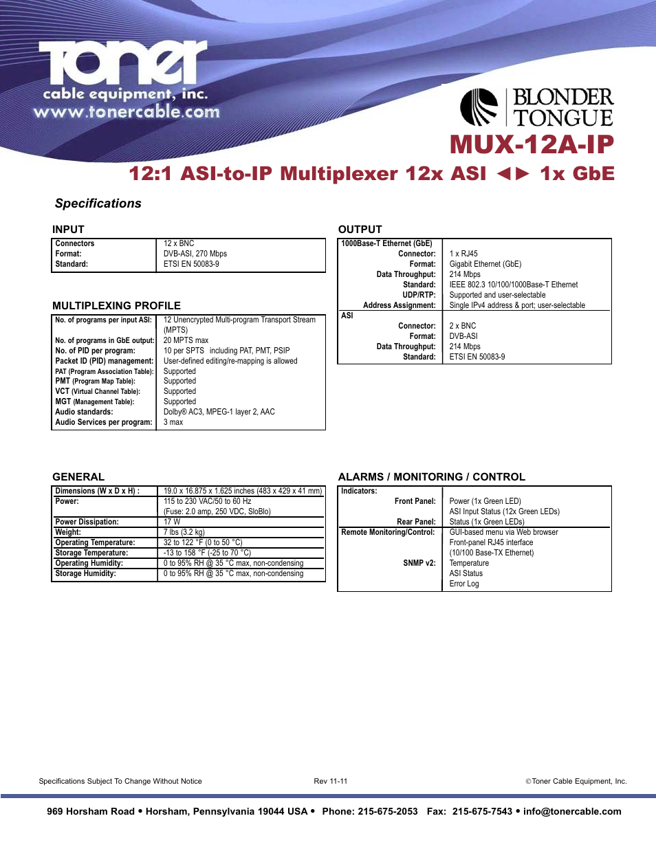 Mux-12a-ip, 1 asi-to-ip multiplexer 12x asi ◄► 1x gbe, Specifications | Toner Cable MUX-12A-IP 12:1 ASI-to-IP Multiplexer 12x ASI - 1x GbE User Manual | Page 2 / 2