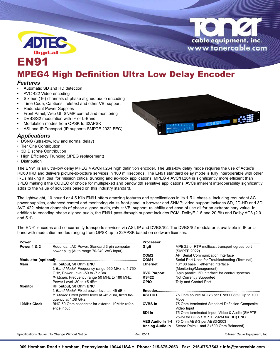 Toner Cable EN91 MPEG4 High Definition Ultra Low Delay Encoder User Manual | 1 page