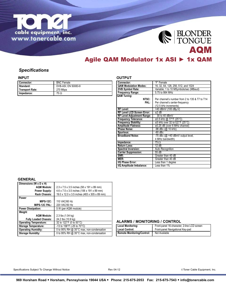 Agile qam modulator 1x asi ► 1x qam, Specifications | Toner Cable AQM Agile QAM Modulator User Manual | Page 2 / 2