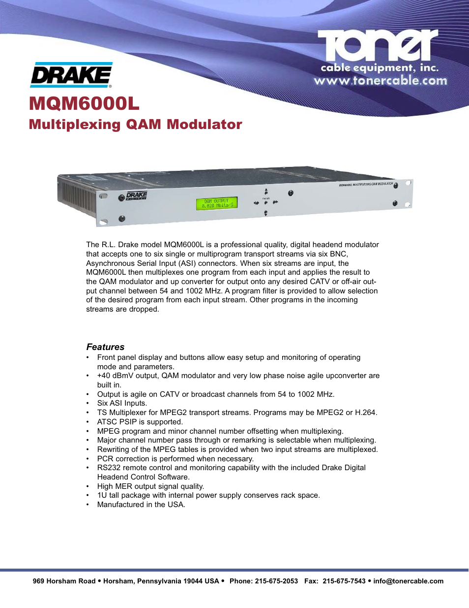 Toner Cable MQM6000L Multiplexing QAM Modulator User Manual | 2 pages