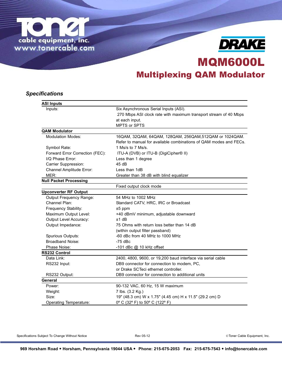 Mqm6000l, Multiplexing qam modulator, Specifications | Toner Cable MQM6000L Multiplexing QAM Modulator User Manual | Page 2 / 2