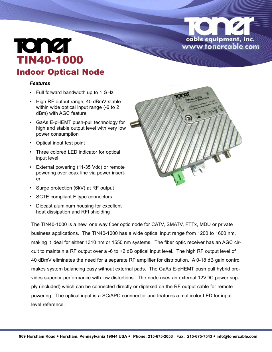 Toner Cable TIN40-1000 Indoor Optical Node User Manual | 2 pages