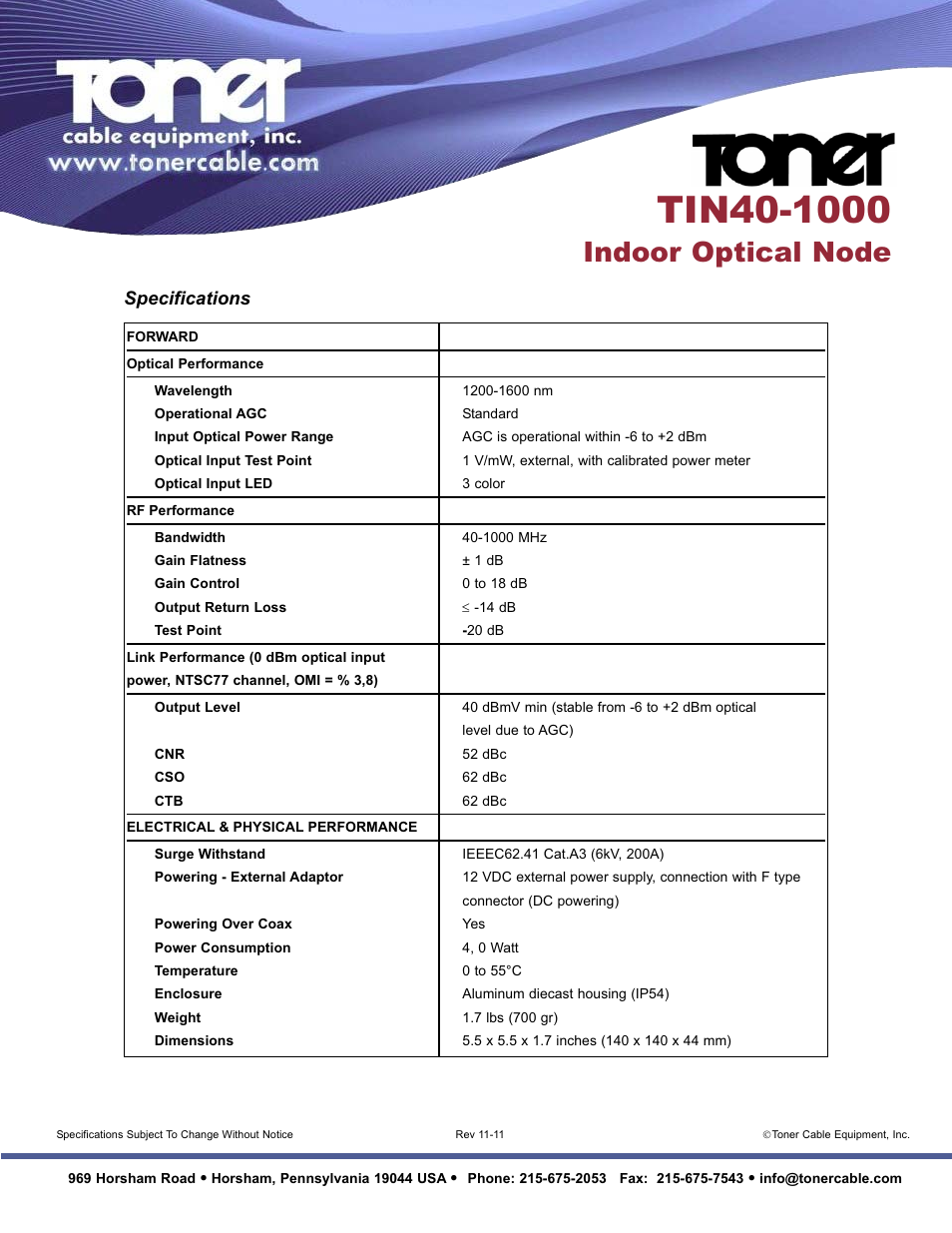 Indoor optical node, Specifications | Toner Cable TIN40-1000 Indoor Optical Node User Manual | Page 2 / 2