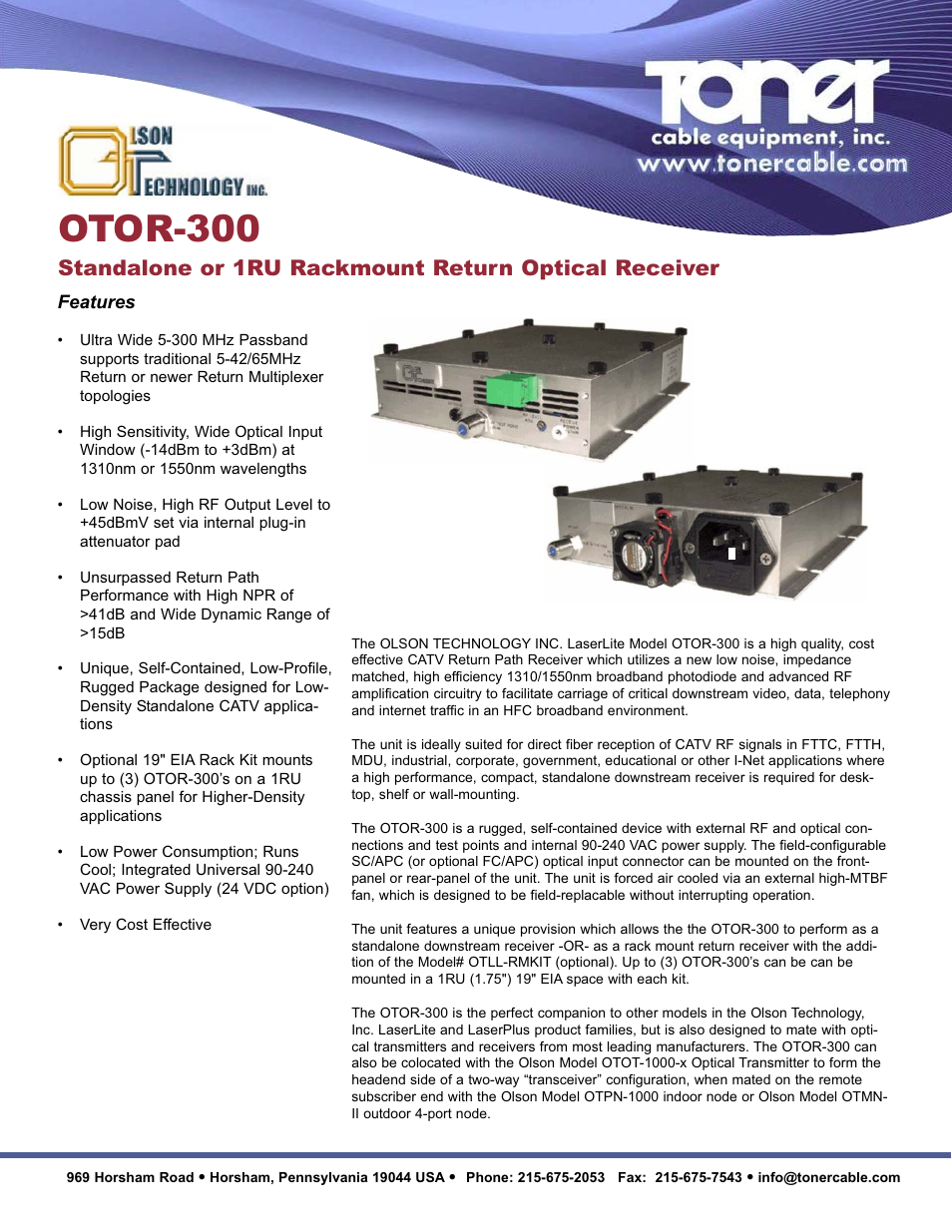 Toner Cable OTOR-300 1310 - 1550nm Return Optical Receiver User Manual | 2 pages