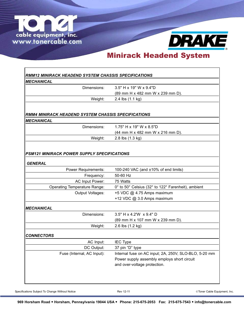 Toner Cable RMM12 Minirack Headend System Chassis User Manual | 4 pages