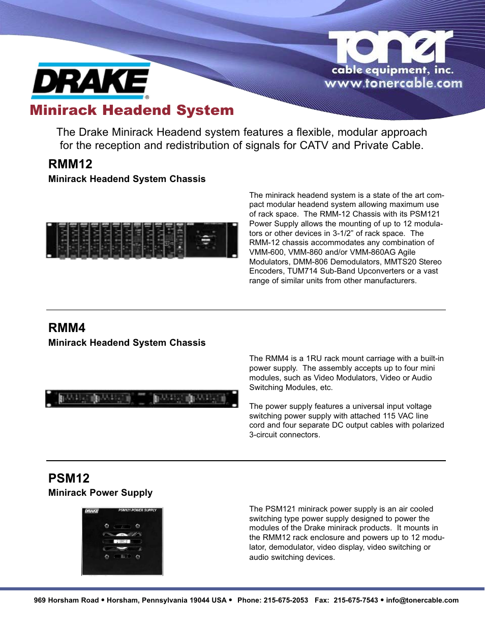 Minirack headend system, Rmm4, Psm12 | Rmm12 | Toner Cable RMM12 Minirack Headend System Chassis User Manual | Page 2 / 4