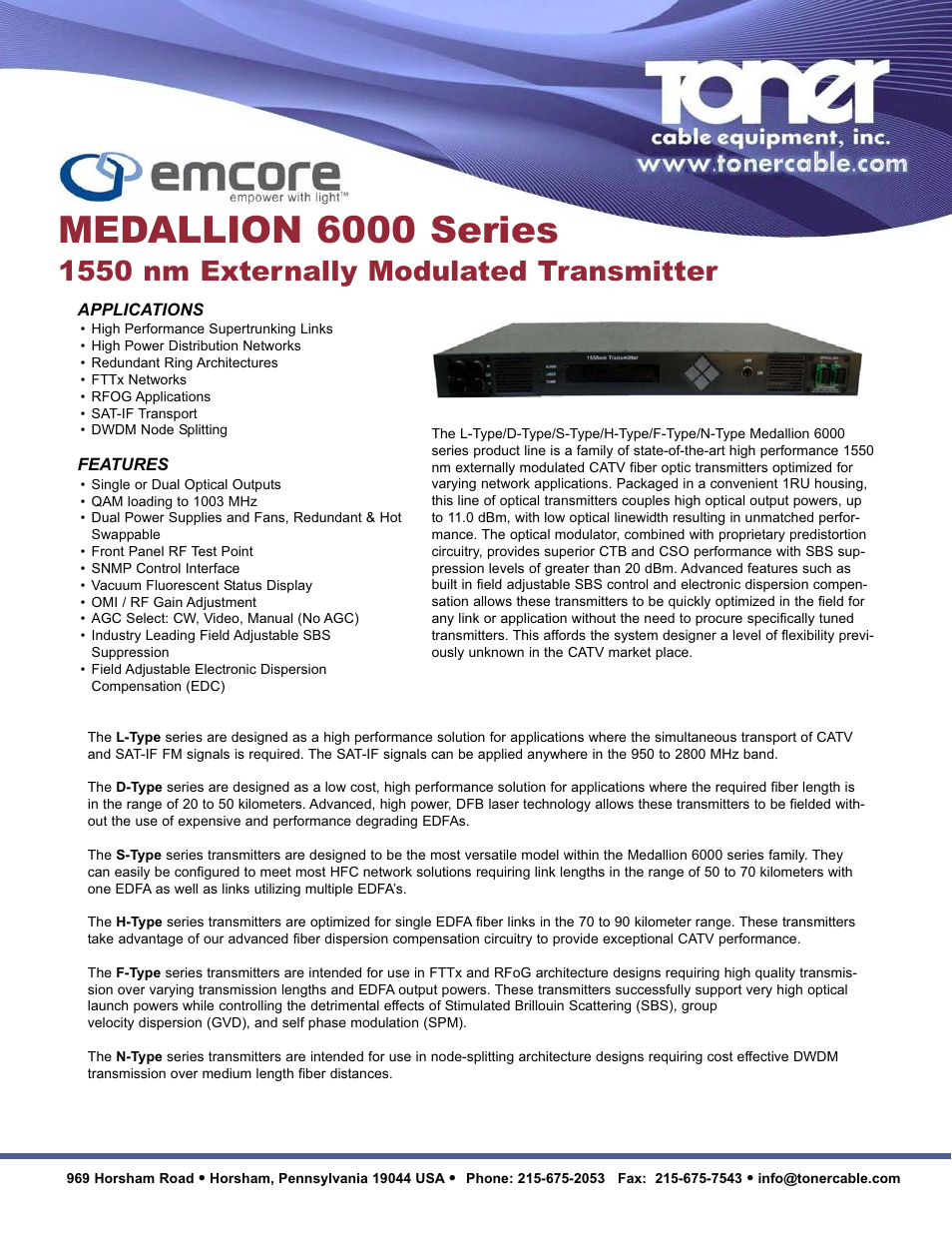 Toner Cable Medallion 6000 Series 1550 nm Externally Modulated Transmitter User Manual | 2 pages
