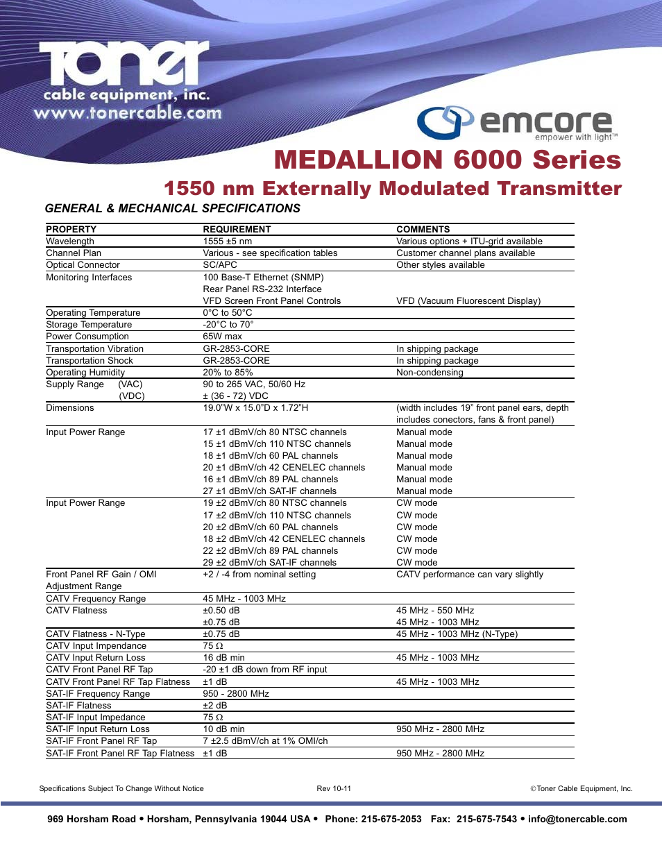 Medallion 6000 series, 1550 nm externally modulated transmitter, General & mechanical specifications | Toner Cable Medallion 6000 Series 1550 nm Externally Modulated Transmitter User Manual | Page 2 / 2