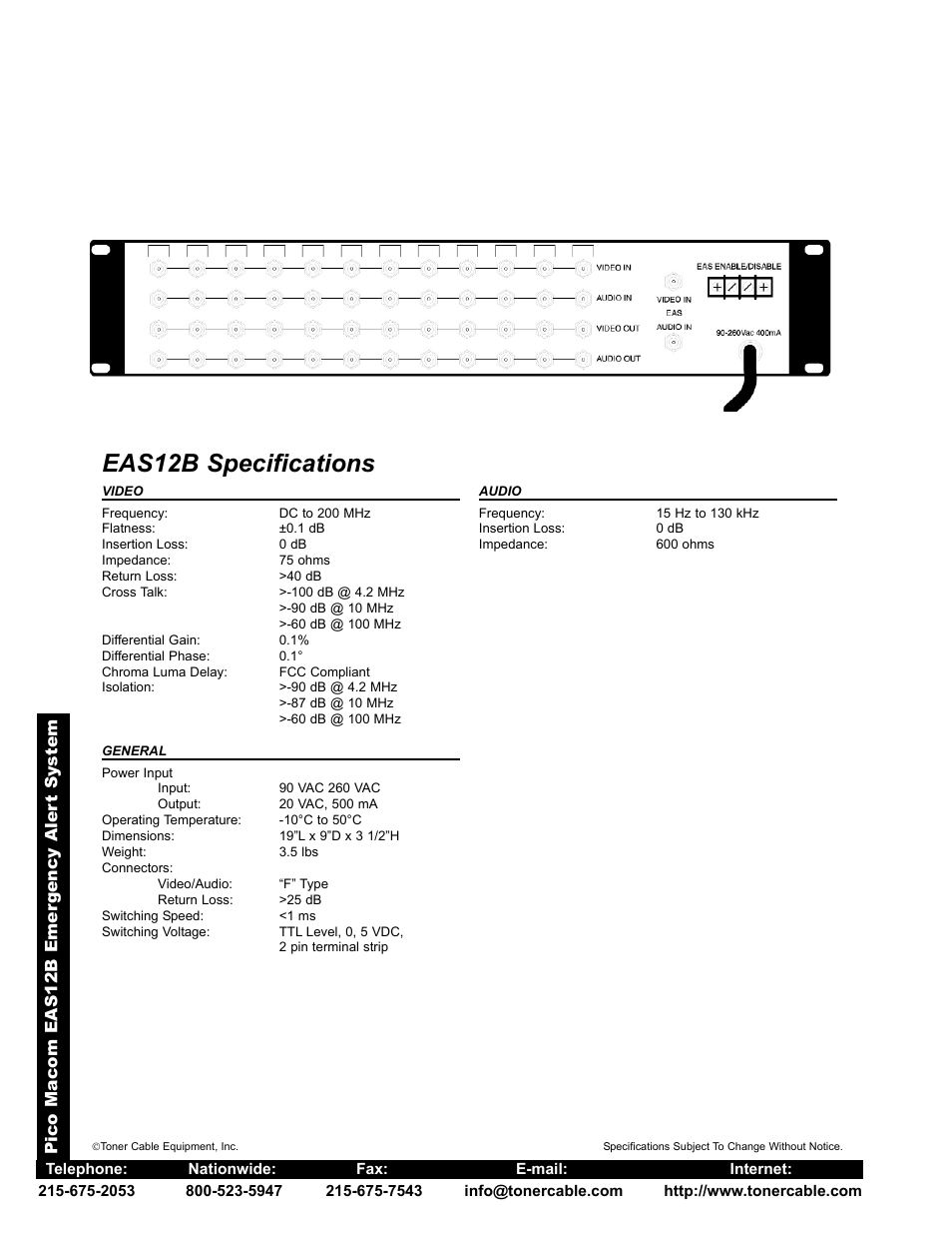 Eas12b specifications | Toner Cable EAS12B EAS 12B Emergency Alert System User Manual | Page 2 / 2