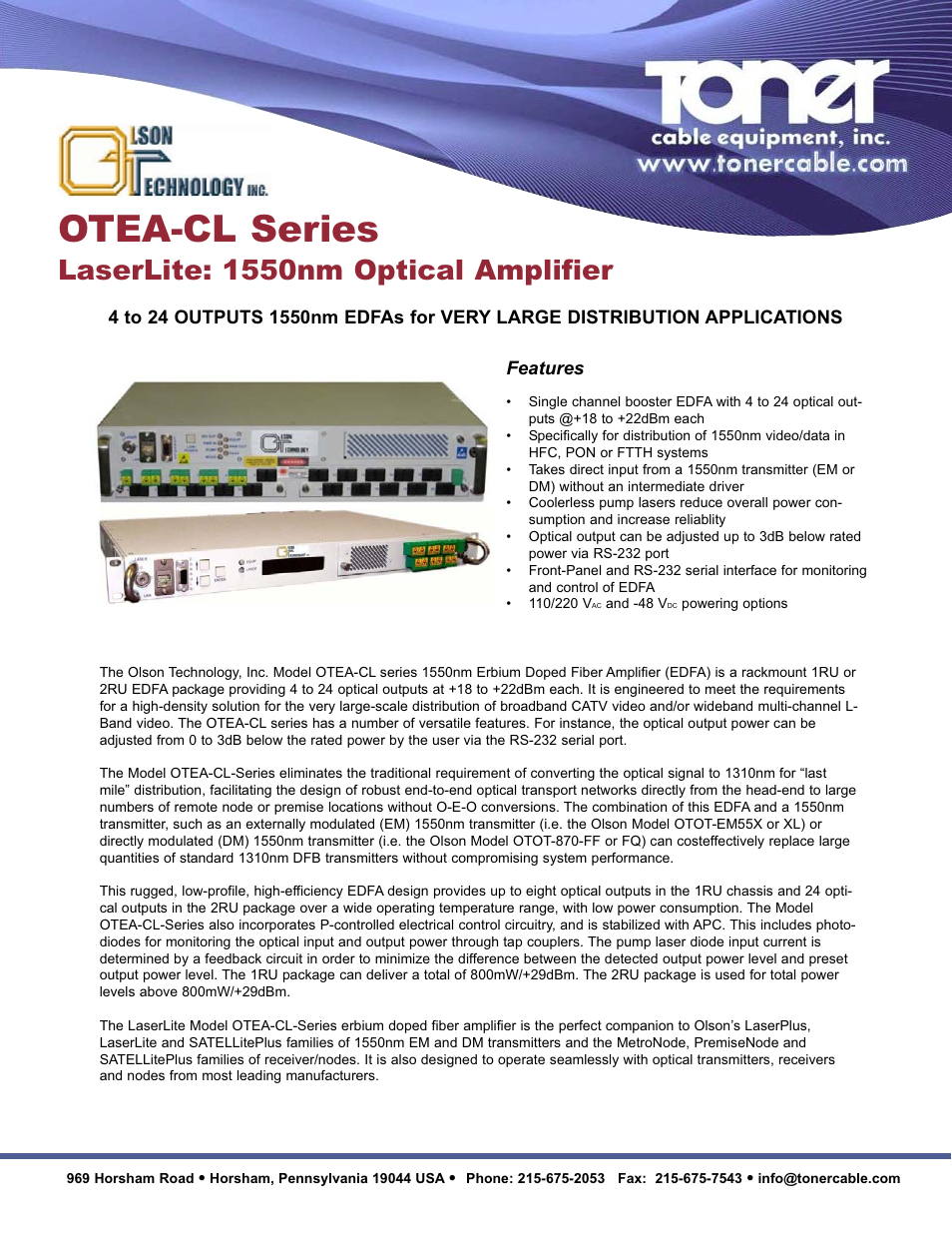 Toner Cable OTEA-CL LaserLite 1550nm Optical Amplifier User Manual | 2 pages