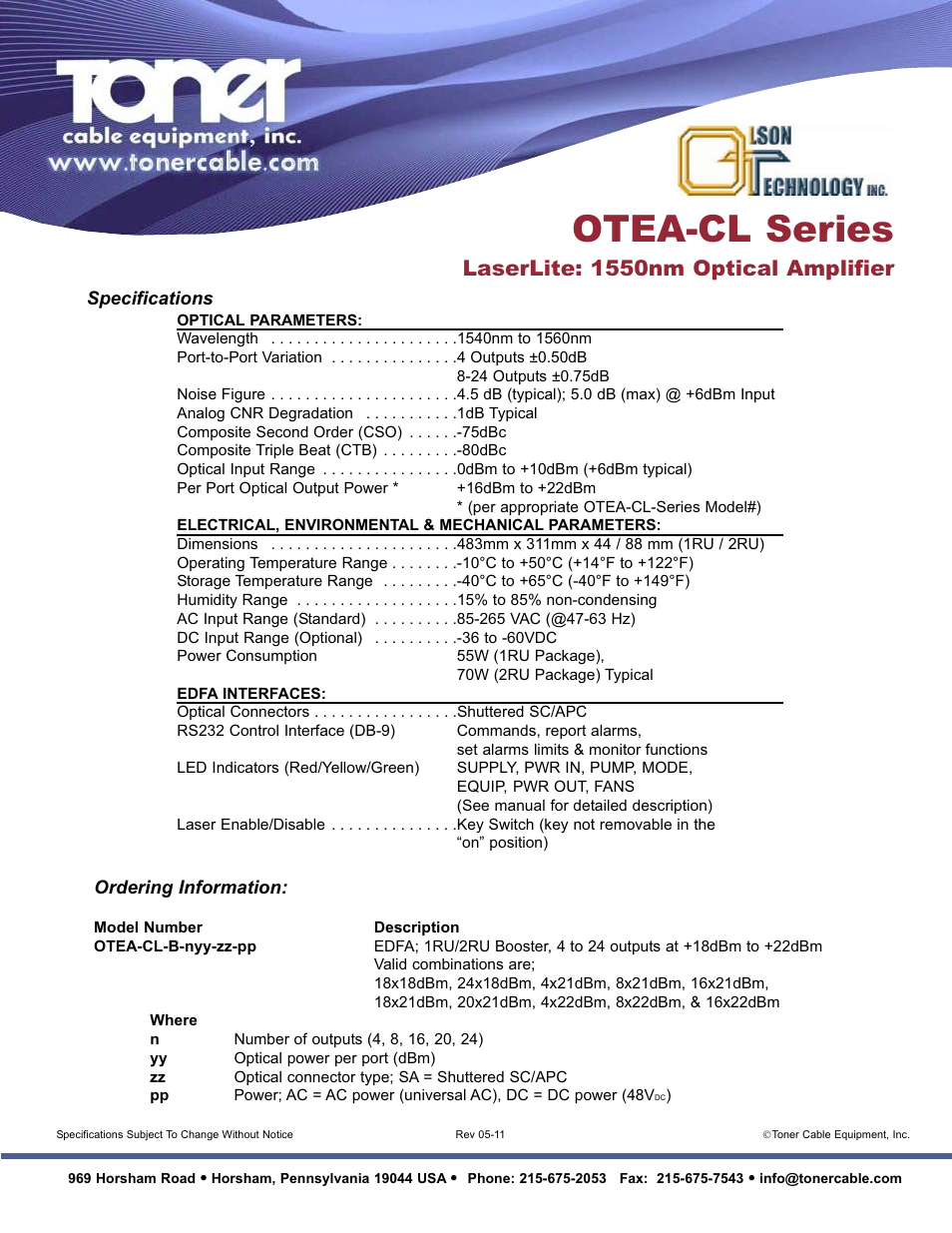 Otea-cl series, Laserlite: 1550nm optical amplifier | Toner Cable OTEA-CL LaserLite 1550nm Optical Amplifier User Manual | Page 2 / 2
