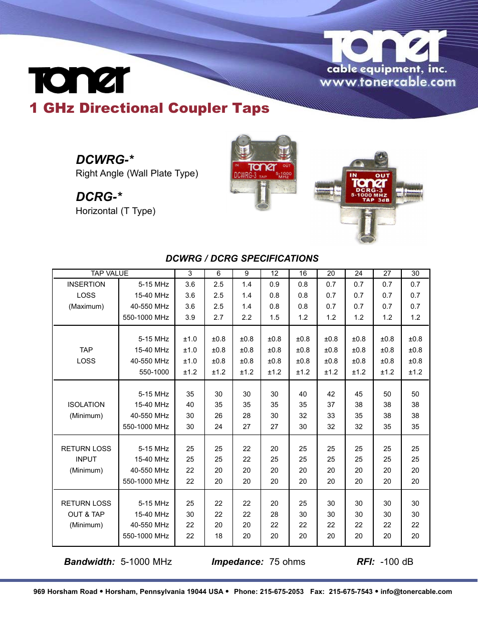 Toner Cable DCWRG2-* 1 GHz Directional Coupler Taps Two Port Right Angle User Manual | 2 pages