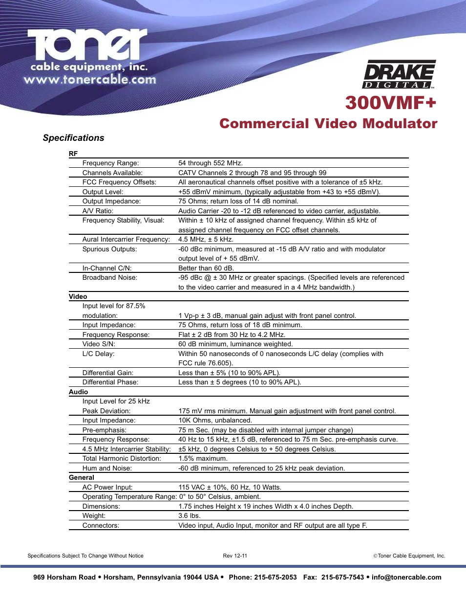 300vmf, Commercial video modulator, Specifications | Toner Cable 300VMF+ Commercial Video Modulator User Manual | Page 2 / 2