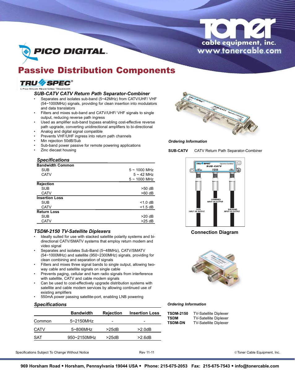 Toner Cable SUB-CATV CATV Return Path Separator-Combiner User Manual | 1 page